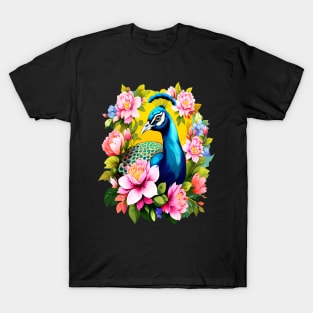 A Cute Peacock Surrounded by Bold Vibrant Spring Flowers T-Shirt